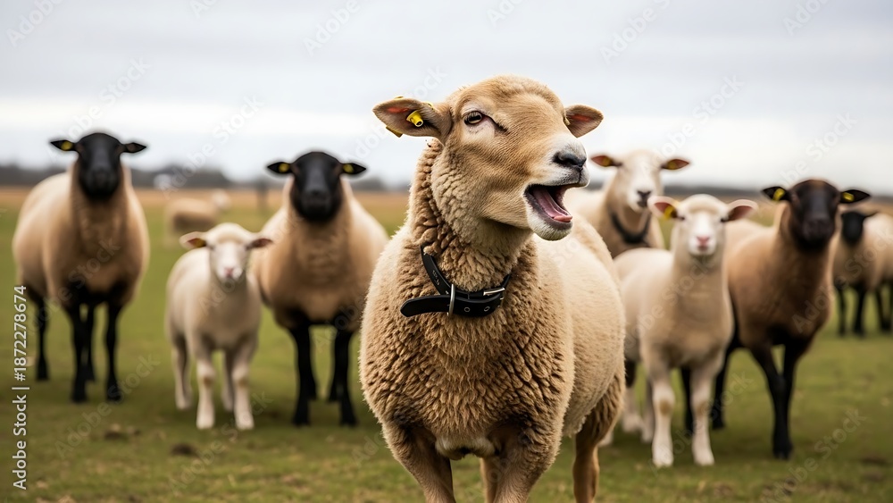 Fototapeta premium A vocal tan sheep with a black collar bleating in a lush green pasture with a blurred flock behind.