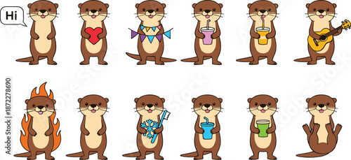 Cute otter character set with multiple poses emotions activities cartoon animal mascot illustration vector collection