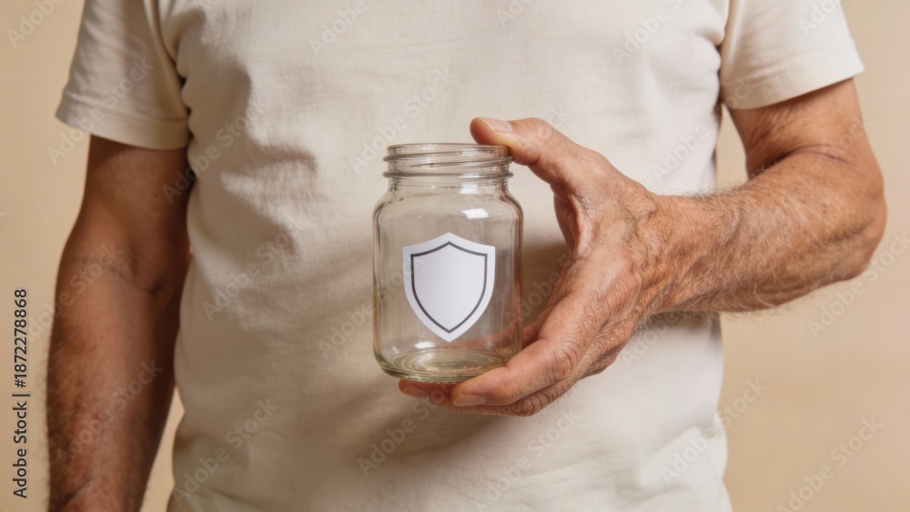 custom made wallpaper toronto digitalMan holding a glass jar with a shield label, symbolizing financial security