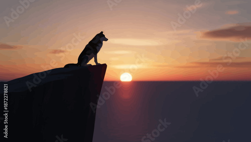 Silhouette of a lone wolf sitting on a cliff edge, overlooking a vibrant orange sunset over the horizon, peaceful and majestic.