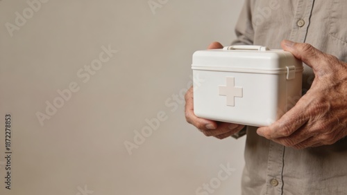 Wallpaper Mural Senior hands holding white first aid kit against neutral background Torontodigital.ca