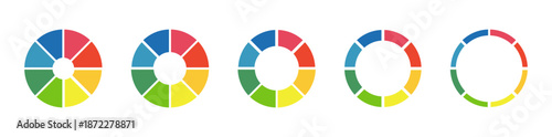 Donut charts, pies segmented on 8 equal parts. Diagrams infographic multicoloured. Wheels divided in eight sections. Pie, pizza chart round icons layout. Circle section graph . Loading bar mockup set.