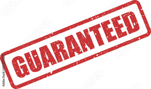 Red grunge style rectangular rubber stamp with the word GUARANTEED displayed prominently on a clean white surface