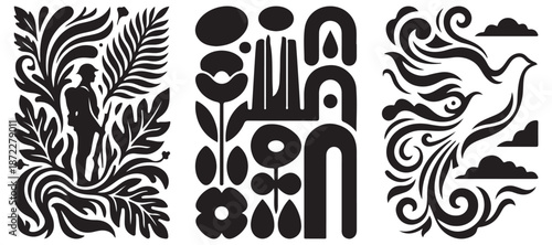 Three distinct black and white graphic designs featuring nature elements, abstract shapes, and a dove symbolizing peace.