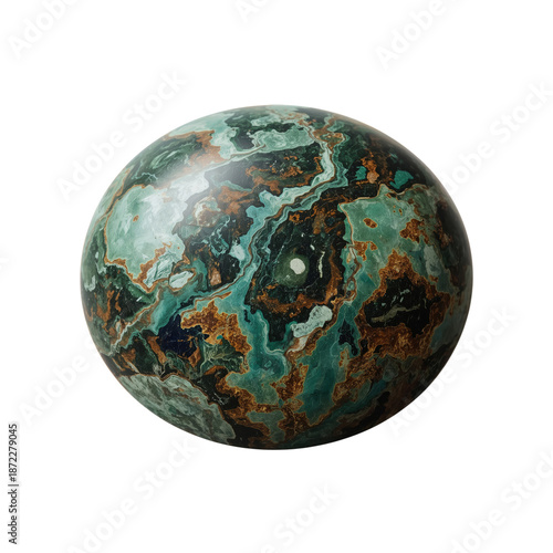 Smooth Round Stone With Green and Brown Patterns on a White Background