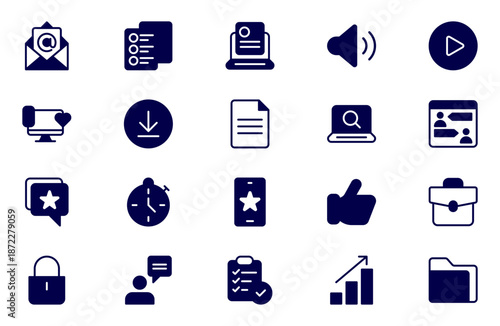 Media Solid Icon Set. A sleek and modern collection of icons designed for the media industry, perfect for enhancing news platforms, entertainment apps, and digital marketing materials.