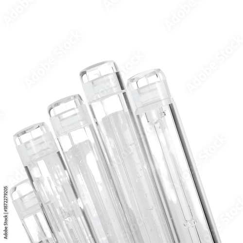 Clear Test Tubes Arranged in a Row on a White Background Showcasing Laborator...