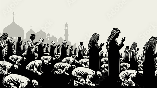 Muslims Praying Together in Front of Mosque Silhouette