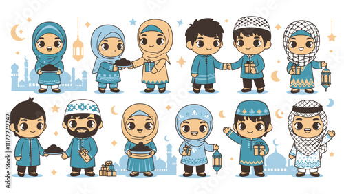 Cartoon Muslim Characters Celebrating Eid Mubarak