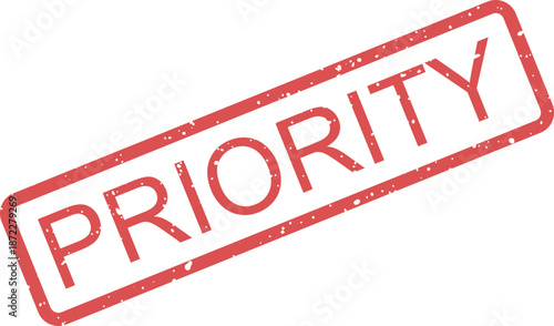 A clear red rubber stamp with a grunge effect prominently displays the word PRIORITY on a bright white background