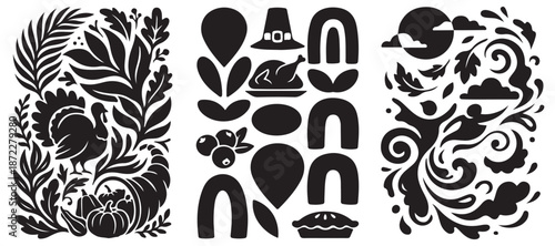 Thanksgiving themed black and white graphic elements including a turkey, pumpkin, pie, and abstract shapes.