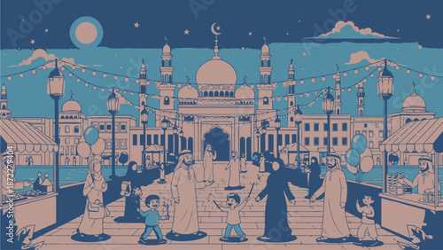 Family Visiting Mosque on Ramadan Night