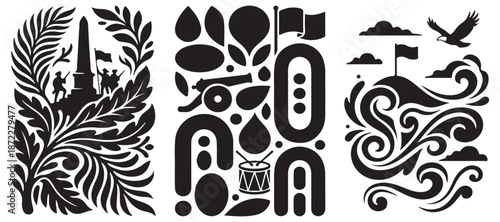 Three abstract black and white graphic illustrations depicting historical and symbolic elements, including a monument, flags, and nature motifs.
