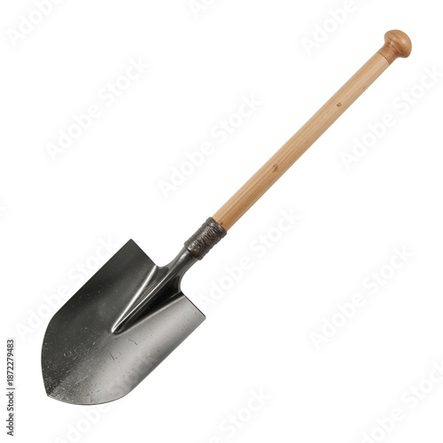 Shovel Made of Metal and Wood Placed on a Simple Background for Gardening Act...