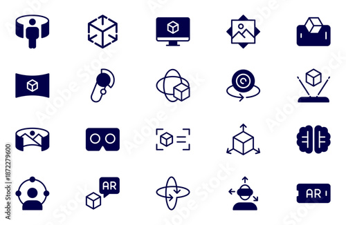 Virtual Reality and Metaverse Solid Icons Set. A cutting-edge collection of icons designed to enhance immersive experiences, perfect for VR apps, gaming platforms, and digital worlds.