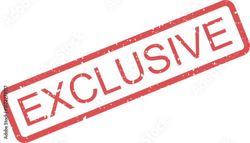 Angled red rubber stamp with a textured appearance displaying the prominent word EXCLUSIVE on a white canvas