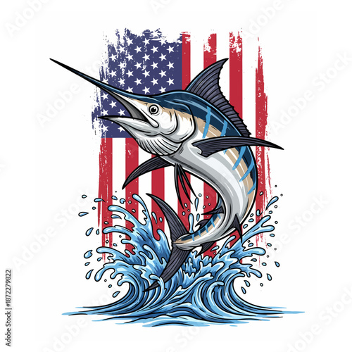 Marlin fish jumping with American flag and water splash illustration isolated on white background
