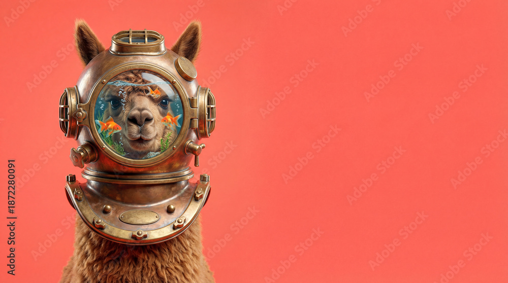 Fototapeta premium Funny llama in antique deep sea diving helmet with goldfish swimming inside, surreal concept