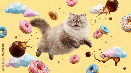Funny fluffy cat flying with colorful donuts and coffee splashes on yellow background