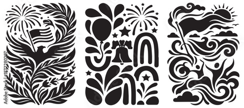 Set of three abstract black and white graphic illustrations celebrating American Independence Day with patriotic symbols.