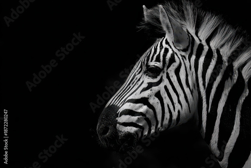Close-up of a zebra's striped face in black and white
