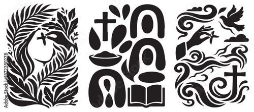 Christian symbols and abstract shapes representing faith, baptism, and the Holy Spirit.