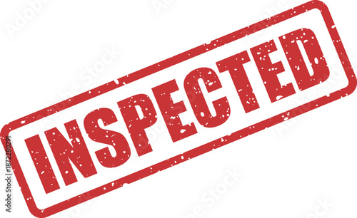 Grungy red rectangular rubber stamp mark displaying the word INSPECTED against a crisp white backdrop