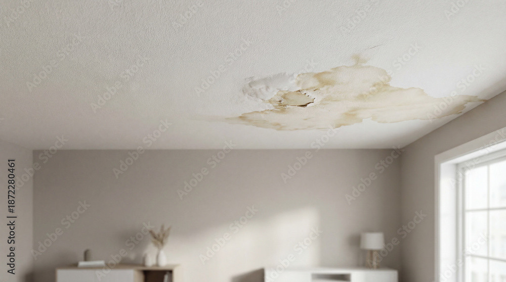 Fototapeta premium Large Water Stain and Damage on a White Residential Ceiling from a Pipe Leak