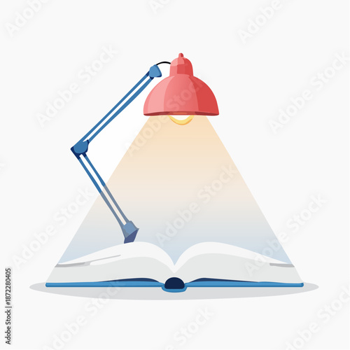 Illuminated Open Book Under a Red Desk Lamp With Blue Arm and Yellow Light Creating a Warm Glow on a White Background Education Study Learning Knowledge Discovery