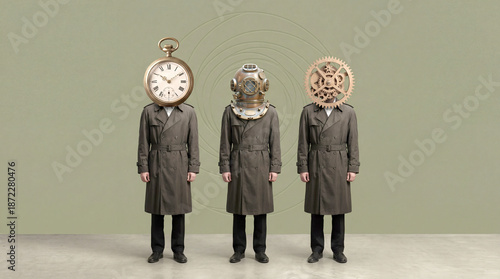 Surreal conceptual art of three men in trench coats with clock, diving helmet, and gear heads standing in a row