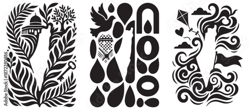 Symbolic illustration representing Palestinian identity, culture, and aspirations with iconic imagery.