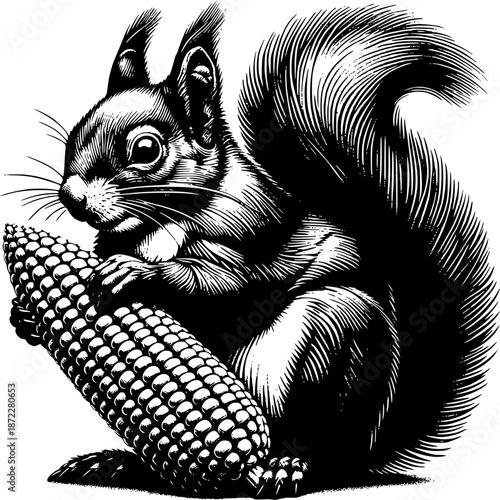 Squirrel with Corn: A detailed illustration captures the intricate textures of a squirrel holding a ripe corn cob, emphasizing the beauty of wildlife and nature.