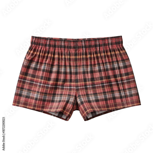Red and Green Plaid Boxer Shorts for Men Displayed on a White Background