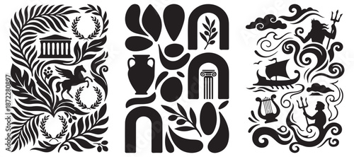 Abstract illustration of ancient Greek mythological elements and symbols in black and white.