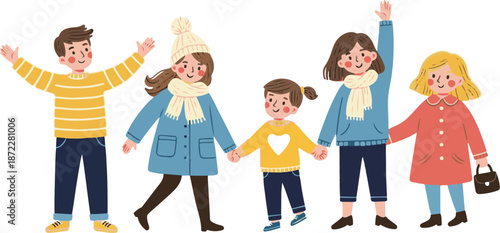 Happy diverse family and friends in winter clothes holding hands and waving, flat vector illustration 