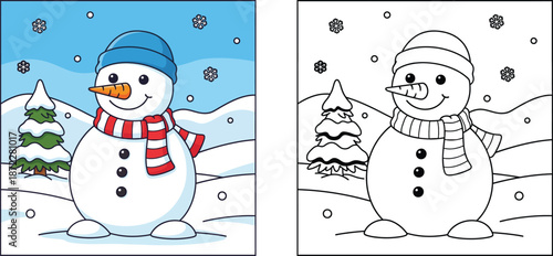 Winter snowman coloring page vector illustration. Cute cartoon character wearing scarf and hat with Christmas tree. Educational coloring book worksheet for kids with colored example and outline.