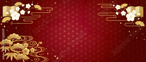 Traditional Japanese New Year Red Background with Gold Pine, Bamboo, Plum Blossoms and Fans