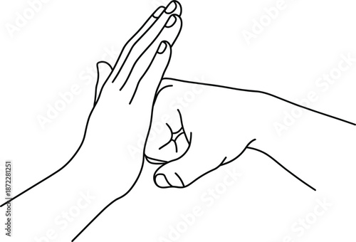 Minimal line art illustration of human hands high five and fist bump gesture, teamwork connection concept, unity friendship agreement symbol, outline drawing on white background