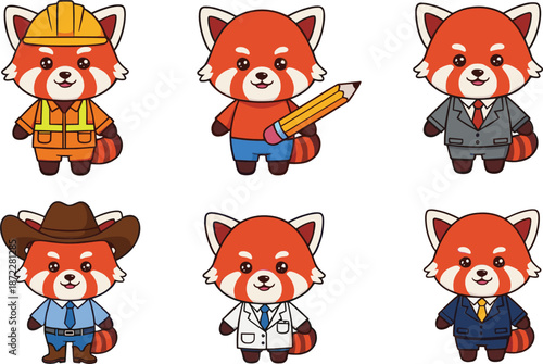 Cute red panda character set with different professions outfits cartoon animal mascot vector illustration collection