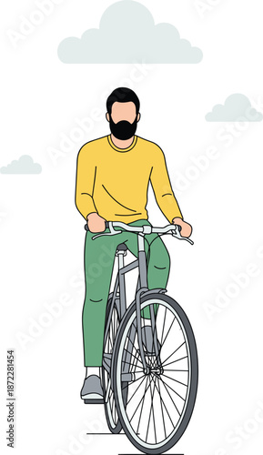 Bearded man riding a bicycle on a city street wearing yellow sweater and green pants vector illustration