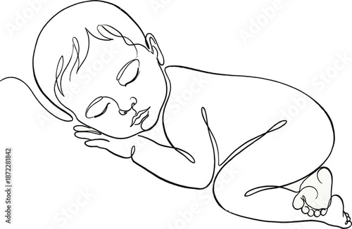 Minimalist sleeping baby line art illustration, newborn child resting pose, continuous single line drawing, modern nursery wall art, gentle parenting concept, infant care design