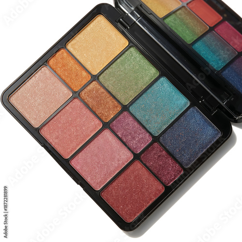 Colorful Makeup Palette Open on Table Showing Various Shades and Textures