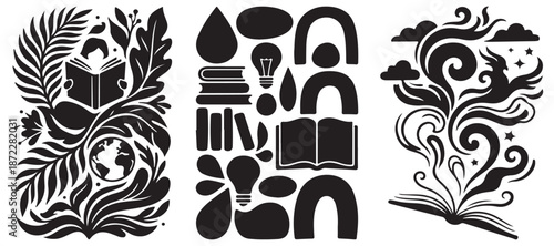 Collection of stylized black and white illustrations representing knowledge, imagination, and learning.
