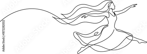Minimalist, line art illustration of running woman with flowing hair expressing freedom motion energy abstract modern vector design style dance movement elegance creativity outline