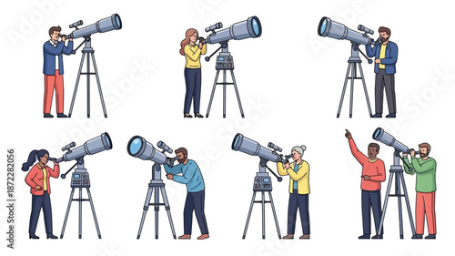 People observing the night sky with telescopes a collection of cartoon illustrations