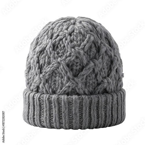 Warm Knitted Gray Beanie Resting on a Flat Surface During a Cozy Winter Day i...