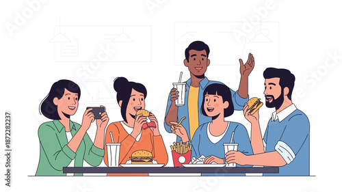 Friends enjoying fast food together sharing a meal and good times