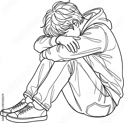 Sad lonely teenage boy sitting on ground hugging knees hand drawn line art illustration expressing depression anxiety mental health emotions minimal sketch style isolated