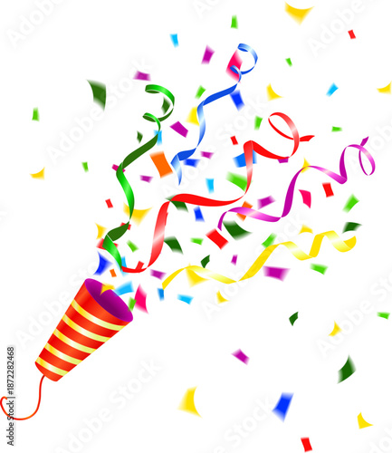Colorful confetti and streamers erupting from a party popper