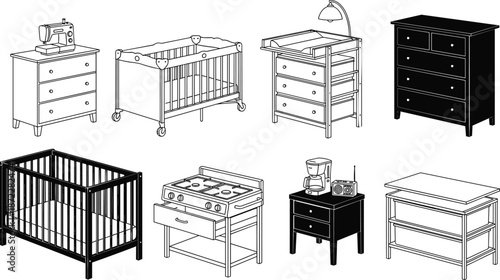 Baby nursery furniture silhouette collection, crib dresser changing table and kids room storage vector set for parenting blogs, catalog layouts, home interior design projects